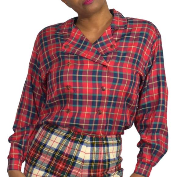 Vintage Plaid Shirt Red Double Breasted Tartan Retro 80s Top Size Small Petite - Picture 1 of 16
